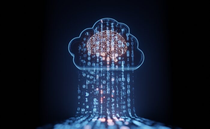 Visual metaphor of a brain within a cloud, representing strategic thinking and innovation in cloud migration.